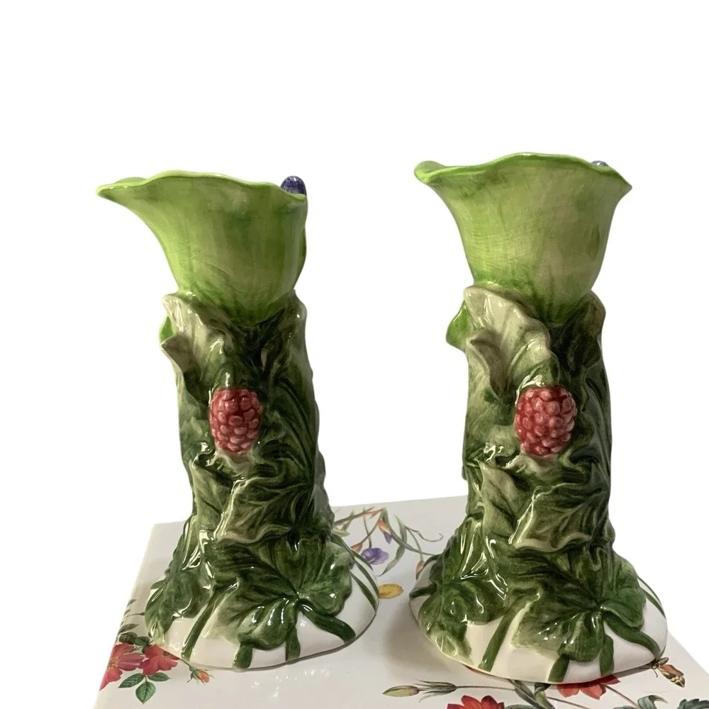 Studio Nova Garden Bloom Ceramic Candlesticks 2 Raspberry Berry Leaf Design‎